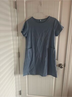 Light Blue Short Sleeve Midi Dress with Pockets